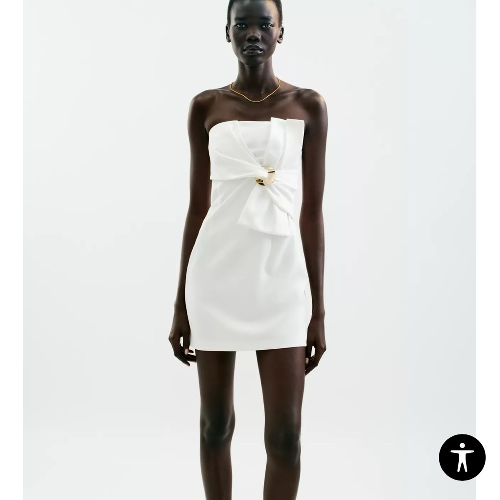 Zara White Strapless Mini Dress with Bow Detail
